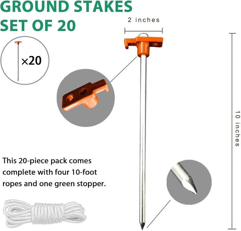 Eurmax USA Galvanized Non-Rust Camping Family Tent Pop Up Tent Stakes Ice Tools Heavy Duty 20pc-Pack, with 4x10ft Ropes & 1 Orange Stopper - Image 2
