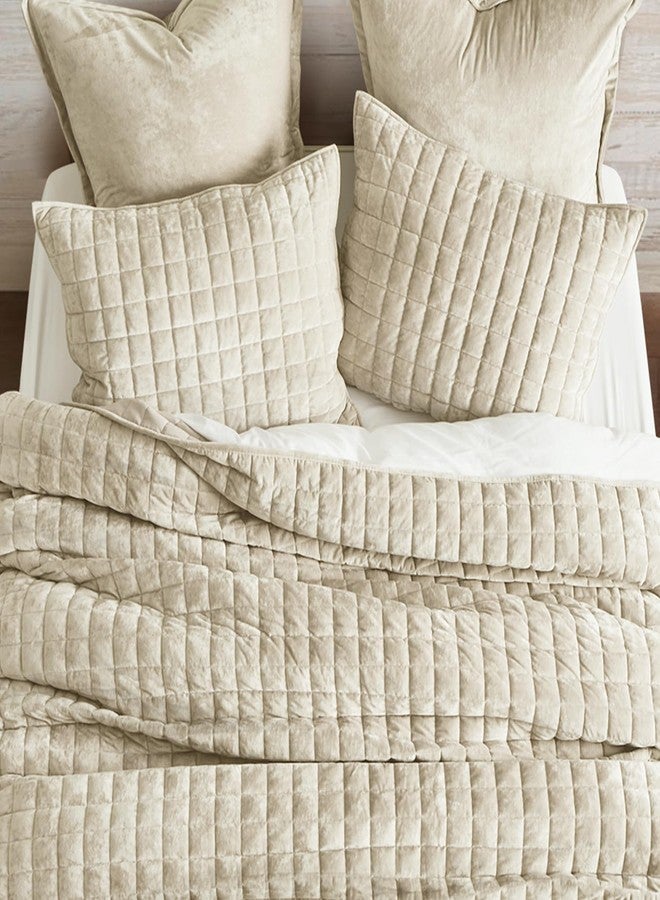 RECYCO Luxury Velvet Quilt Queen Size, Ultra Soft Velvet Bedding Sets, Lightweight Quilted Velvet Comforter Set, Channel Stitch Oversized Bedspread Coverlet with 2 Pillow Shams, Beige - Image 3