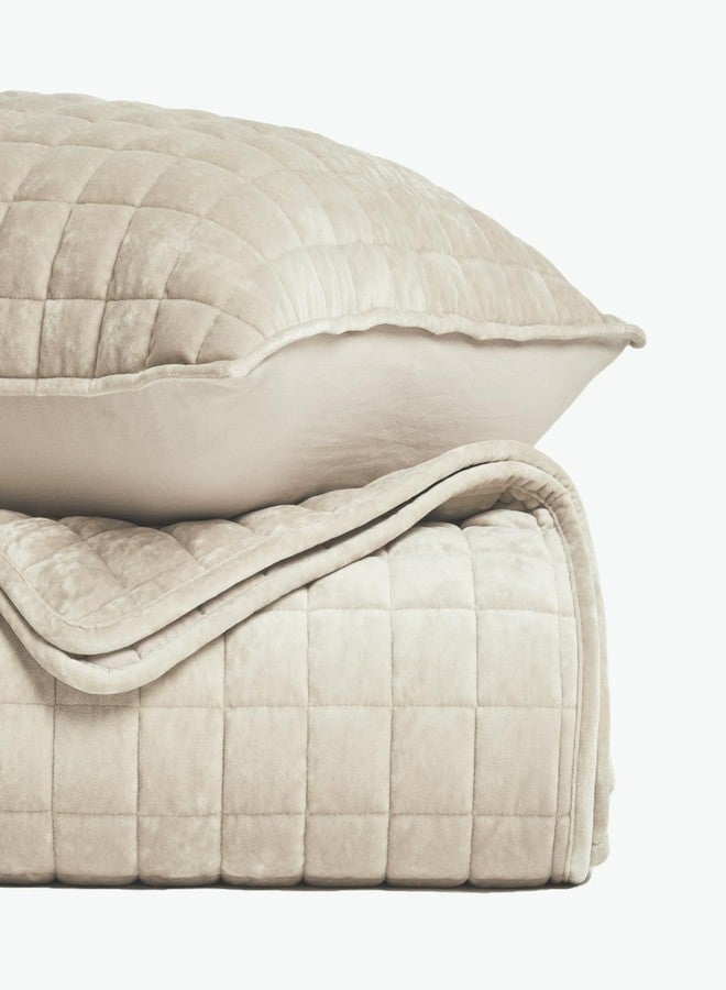 RECYCO Luxury Velvet Quilt Queen Size, Ultra Soft Velvet Bedding Sets, Lightweight Quilted Velvet Comforter Set, Channel Stitch Oversized Bedspread Coverlet with 2 Pillow Shams, Beige - Image 5