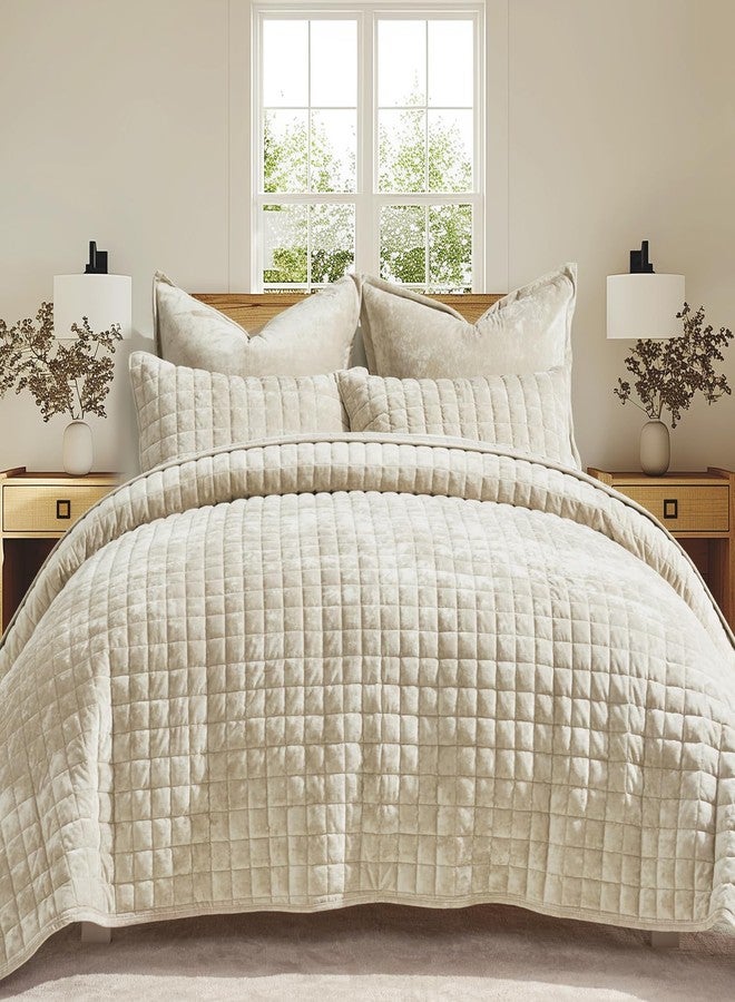 RECYCO Luxury Velvet Quilt Queen Size, Ultra Soft Velvet Bedding Sets, Lightweight Quilted Velvet Comforter Set, Channel Stitch Oversized Bedspread Coverlet with 2 Pillow Shams, Beige - Image 1