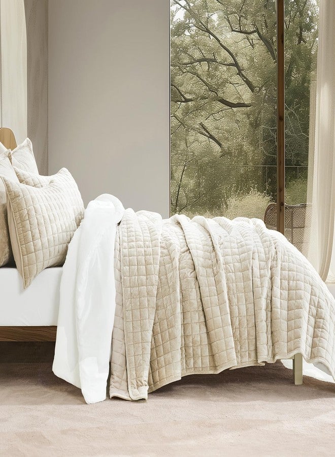 RECYCO Luxury Velvet Quilt Queen Size, Ultra Soft Velvet Bedding Sets, Lightweight Quilted Velvet Comforter Set, Channel Stitch Oversized Bedspread Coverlet with 2 Pillow Shams, Beige - Image 2
