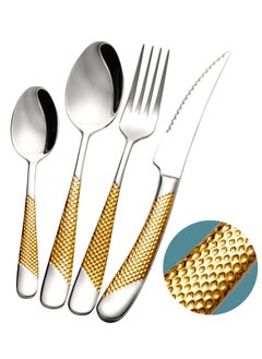 Excefore 4-Piece ​Hammered Silver Gold Cutlery Set with Ultra Sharp 2-in-1 Serrated Knive, Golden 18/10 Stainless Steel Silverware Set, Flatware Set for 1 People, Knives Forks Spoons Set  - Image 1