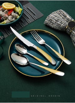 Excefore 4-Piece ​Hammered Silver Gold Cutlery Set with Ultra Sharp 2-in-1 Serrated Knive, Golden 18/10 Stainless Steel Silverware Set, Flatware Set for 1 People, Knives Forks Spoons Set  - Image 2