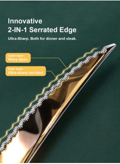 Excefore 4-Piece ​Hammered Silver Gold Cutlery Set with Ultra Sharp 2-in-1 Serrated Knive, Golden 18/10 Stainless Steel Silverware Set, Flatware Set for 1 People, Knives Forks Spoons Set  - Image 3