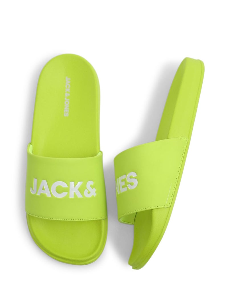 Jack & Jones Bright Green Logo Print Pool Sliders - Image 1
