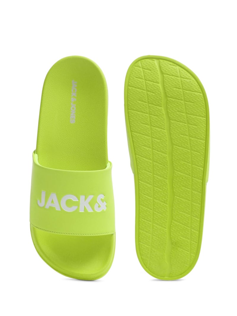 Jack & Jones Bright Green Logo Print Pool Sliders - Image 5