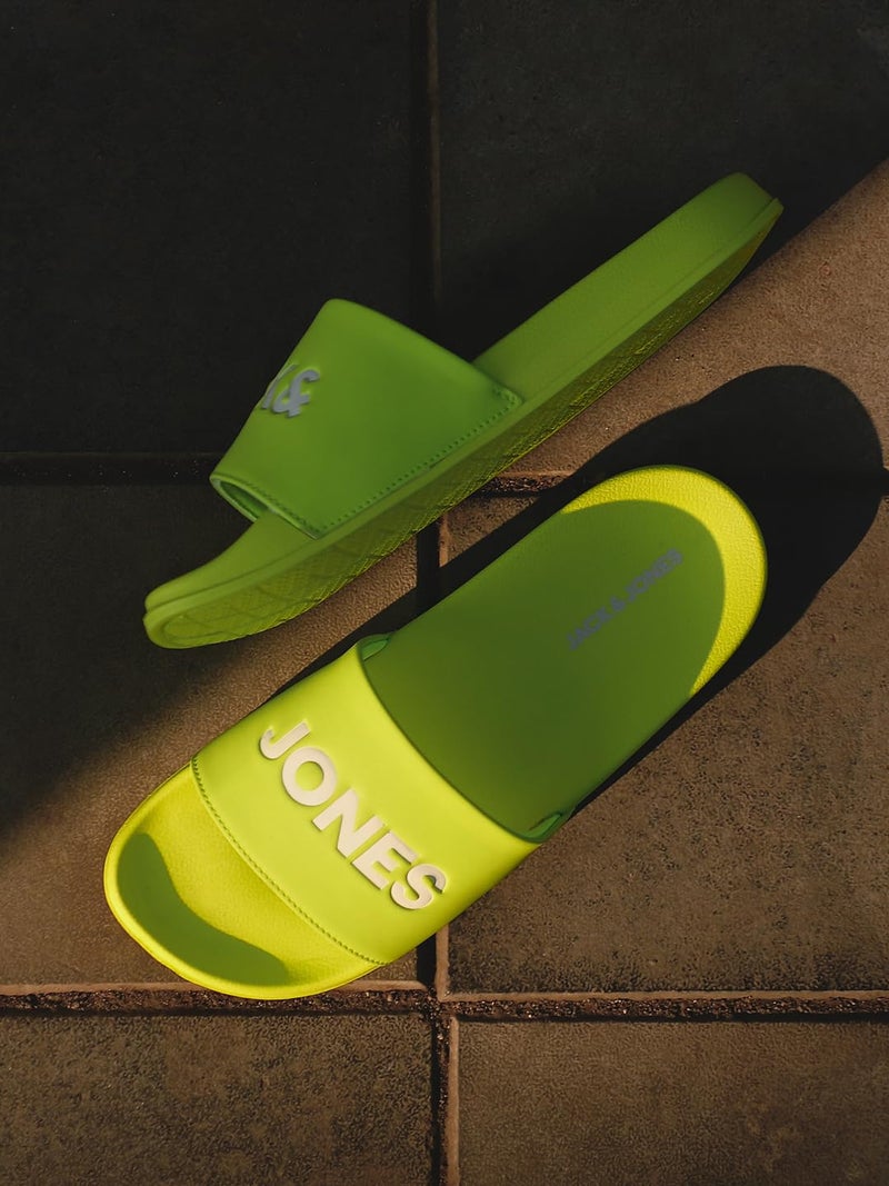Jack & Jones Bright Green Logo Print Pool Sliders - Image 2