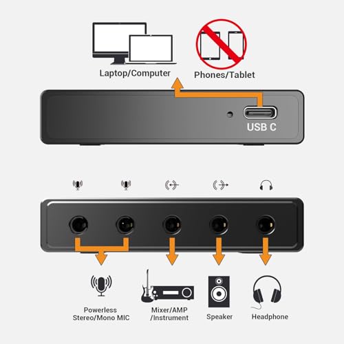 Cubilux CB5 USB Audio Interface for Recording, Streaming, Podcasting, USB to 3.5mm Sound Card with Stereo Microphone Input, Line-In, Line-Out & Headphone Jack for Monitors, Support Windows & Mac OS - Image 4