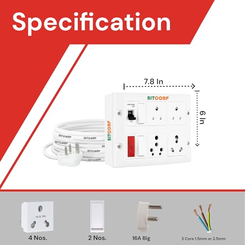 BITCORP 16A Power Extension Board with 4 Socket 2 MCB, 2500W MCB Overload Protector, 10 Meter 1.5mm Electric Cord for Computer, Refrigerator, AC, TV, Home and Office Appliances - Image 3