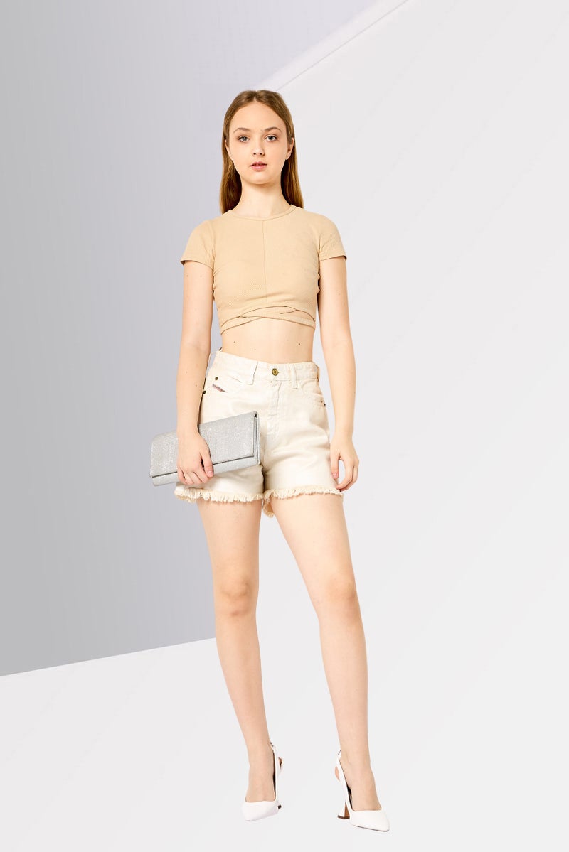 DIESEL Women Regular Fit Plain Denim Shorts, Beige - Image 4