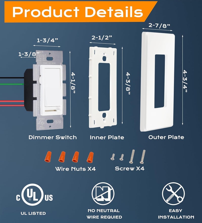 CLOUDY BAY [10 Pack] 3-Way/Single Pole Dimmer Electrical Light Switch for 150W LED/CFL, 600W Incandescent/Halogen,Wall Plate Included,Pack of 10 - Image 5