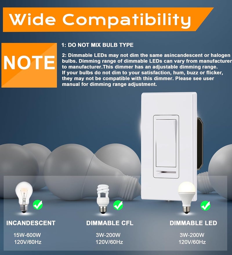 CLOUDY BAY [10 Pack] 3-Way/Single Pole Dimmer Electrical Light Switch for 150W LED/CFL, 600W Incandescent/Halogen,Wall Plate Included,Pack of 10 - Image 4