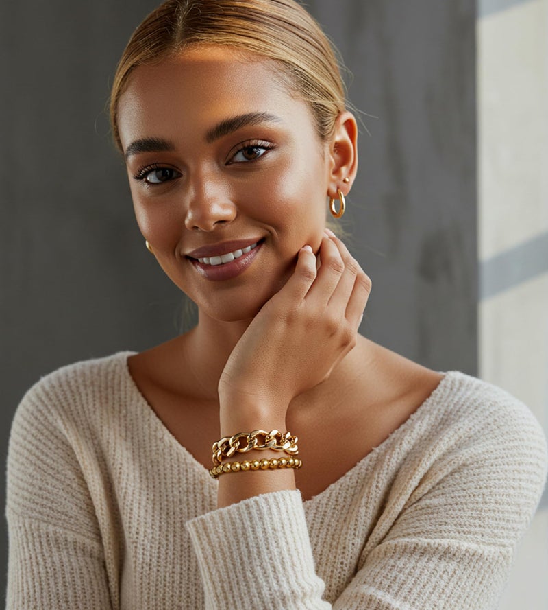 YEEZII Gold Bracelets Stack for Women, 5 Pcs Chunky Adjust Chain Beaded Cuff Bangles Bracelet Pack, Trendy Stackable Women's Gold Bracelets Set - Image 3