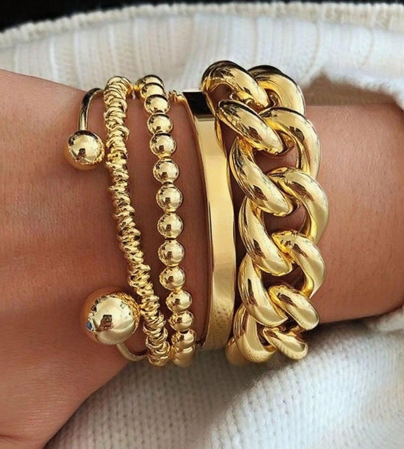 YEEZII Gold Bracelets Stack for Women, 5 Pcs Chunky Adjust Chain Beaded Cuff Bangles Bracelet Pack, Trendy Stackable Women's Gold Bracelets Set - Image 2