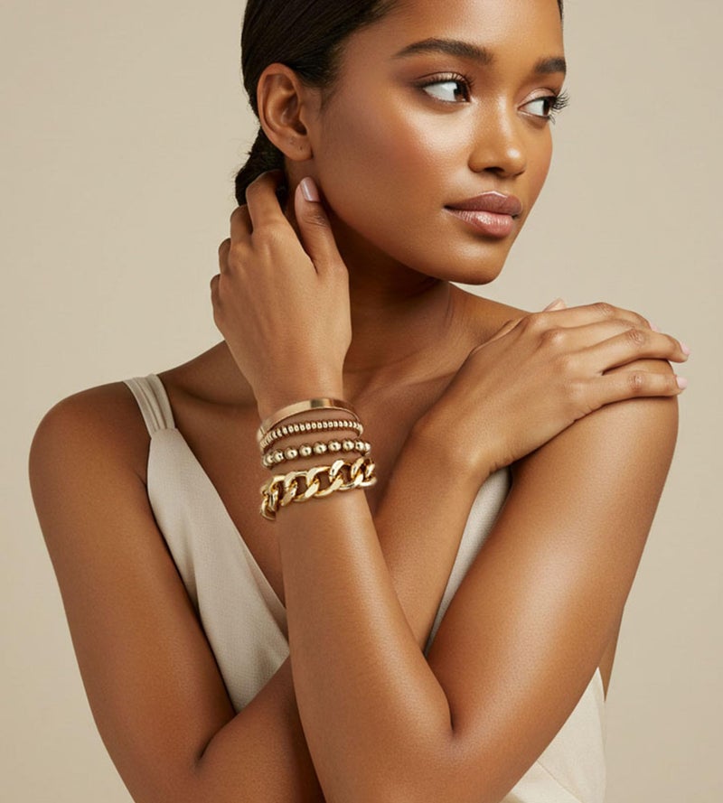 YEEZII Gold Bracelets Stack for Women, 5 Pcs Chunky Adjust Chain Beaded Cuff Bangles Bracelet Pack, Trendy Stackable Women's Gold Bracelets Set - Image 5