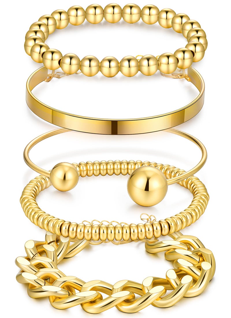 YEEZII Gold Bracelets Stack for Women, 5 Pcs Chunky Adjust Chain Beaded Cuff Bangles Bracelet Pack, Trendy Stackable Women's Gold Bracelets Set - Image 1