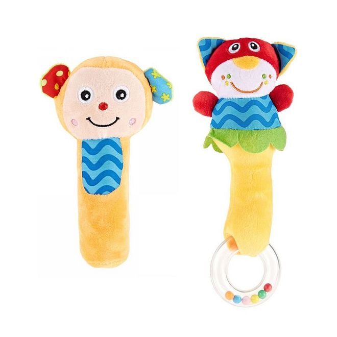 Pixie Baby Rattle Toys 2-Pack, Monkey & Cat Multicoloured, Sensory Development for 0-12 Months, 8.6x5x3.2 cm
