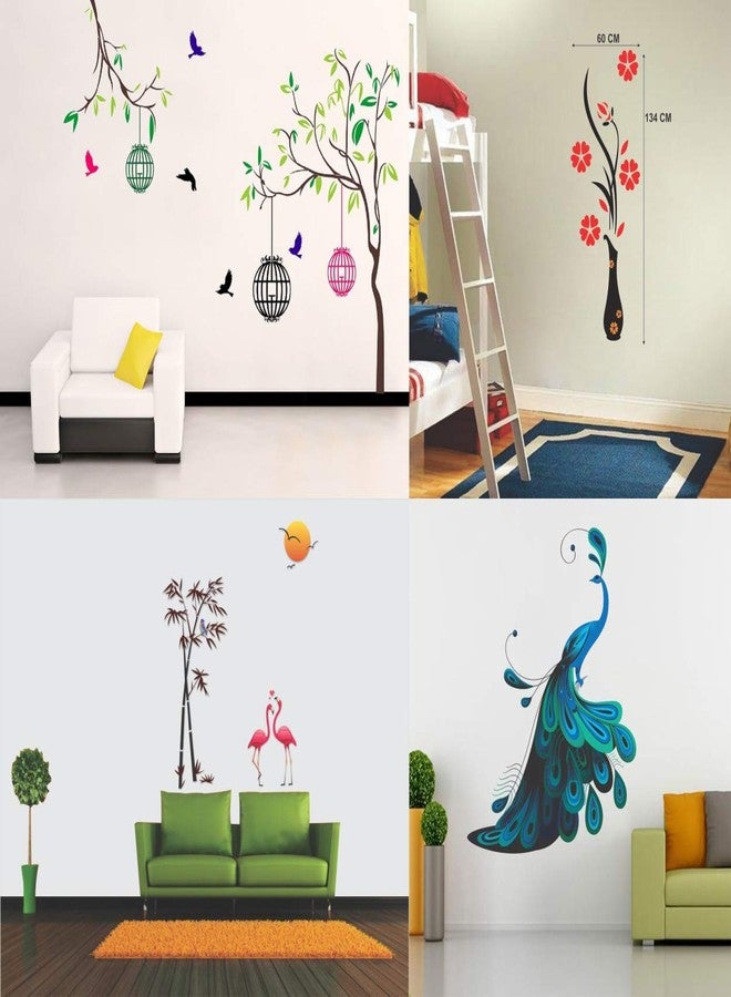 Walltech Combo of 4 Wall Sticker Free Bird case (150 x 115 cms) | Flower vase red (60 x 134 cms) | Flamingos and Bamboo (150 x 125 cms) | Modern Peacock (90 x 75 cms) | Material Vinyl - Image 1