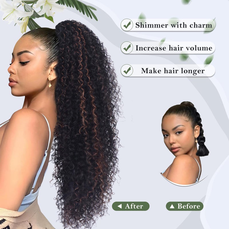 Alebery 27 Inch Drawstring Ponytail Extension for Black Women Deep Curly Ponytail Extension Synthetic Mixed with Human Hair Hairpieces Afro Kinky Curly Pony Tail for Daily Use (Brown Highlight) - Image 2