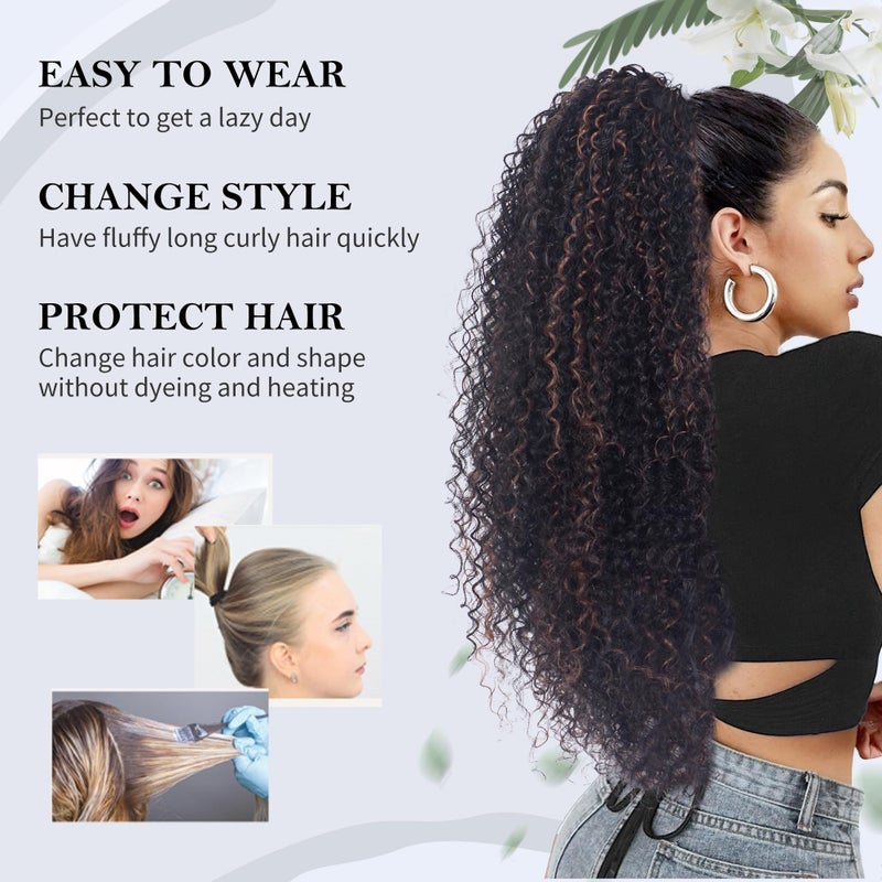Alebery 27 Inch Drawstring Ponytail Extension for Black Women Deep Curly Ponytail Extension Synthetic Mixed with Human Hair Hairpieces Afro Kinky Curly Pony Tail for Daily Use (Brown Highlight) - Image 5