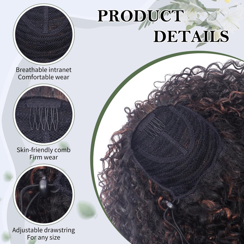Alebery 27 Inch Drawstring Ponytail Extension for Black Women Deep Curly Ponytail Extension Synthetic Mixed with Human Hair Hairpieces Afro Kinky Curly Pony Tail for Daily Use (Brown Highlight) - Image 4