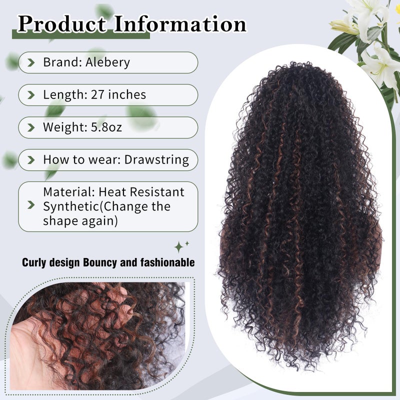 Alebery 27 Inch Drawstring Ponytail Extension for Black Women Deep Curly Ponytail Extension Synthetic Mixed with Human Hair Hairpieces Afro Kinky Curly Pony Tail for Daily Use (Brown Highlight) - Image 3