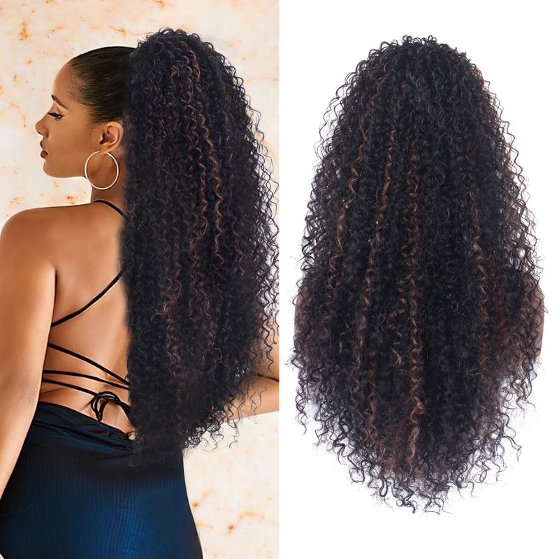 Alebery 27 Inch Drawstring Ponytail Extension for Black Women Deep Curly Ponytail Extension Synthetic Mixed with Human Hair Hairpieces Afro Kinky Curly Pony Tail for Daily Use (Brown Highlight) - Image 1