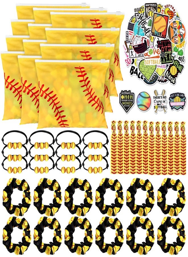 Yeyeplum 98 Pcs Softball Party Favors Include Softball Goodie Makeup Bags Bracelet Hair Bands Hair Ties Sticker for Softball Team Gifts Sports Birthday Decoration Party Supplies - Image 1