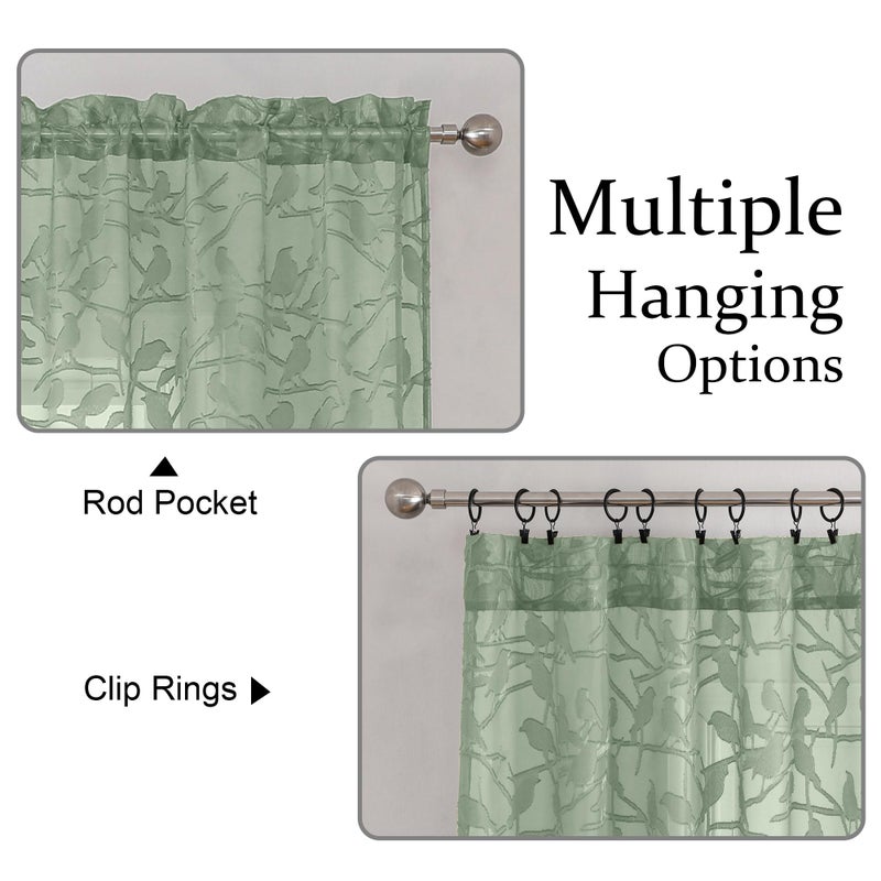 OVZME Anji Textured Sage Green Sheer Curtains 84 inch Length 2 Panels Set for Living Room  Bird Semi Voile Balance Privacy & Light Rod Pocket Elegant Jacquard Sheer Curtain for Bedroom  38Wx84L - Image 2