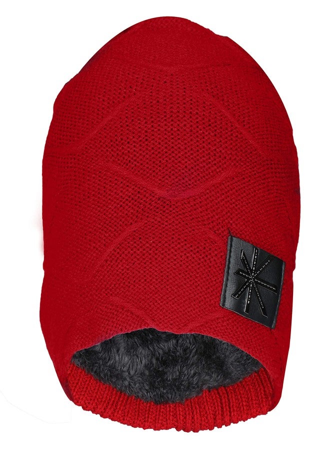 FabSeasons Unisex Acrylic Woollen Winter Beanie/Skull Cap with Faux Fur Lining (Maroon) - Image 1