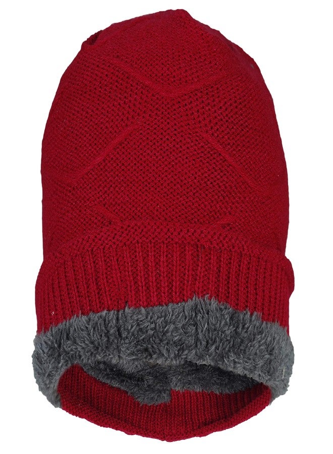FabSeasons Unisex Acrylic Woollen Winter Beanie/Skull Cap with Faux Fur Lining (Maroon) - Image 2
