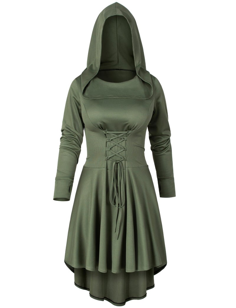 Irtysh Womens Base Vintage High Low Pullover Medieval Hooded Robe Cloak Dress Costumes Cosplay Net Leggings Set(Green 5XL) - Image 2