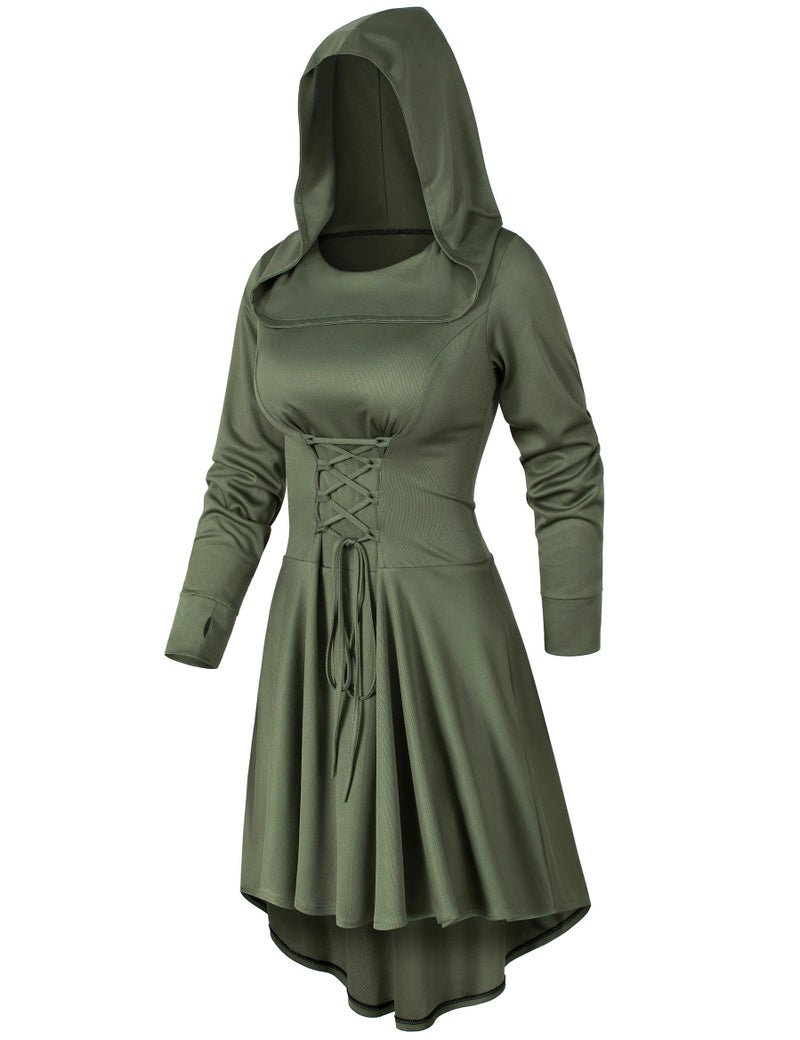 Irtysh Womens Base Vintage High Low Pullover Medieval Hooded Robe Cloak Dress Costumes Cosplay Net Leggings Set(Green 5XL) - Image 3