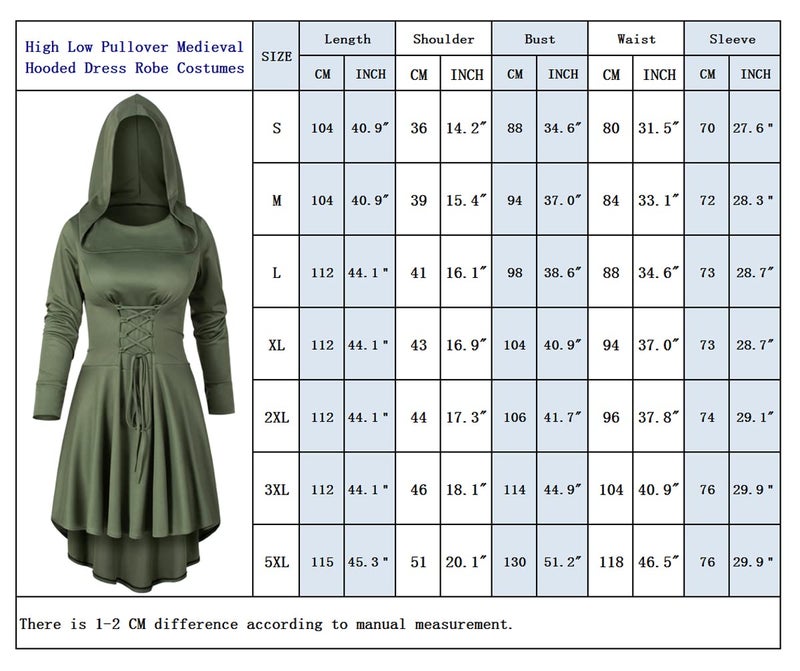 Irtysh Womens Base Vintage High Low Pullover Medieval Hooded Robe Cloak Dress Costumes Cosplay Net Leggings Set(Green 5XL) - Image 5