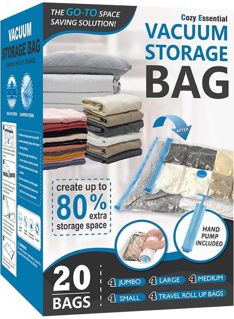 Cozy Essential 20 Pack Vacuum Storage Bags, Space Saver Bags (4 Jumbo/4 Large/4 Medium/4 Small/4 Roll) Compression for Comforters and Blankets, Sealer Clothes Storage, Hand Pump Included - Image 1