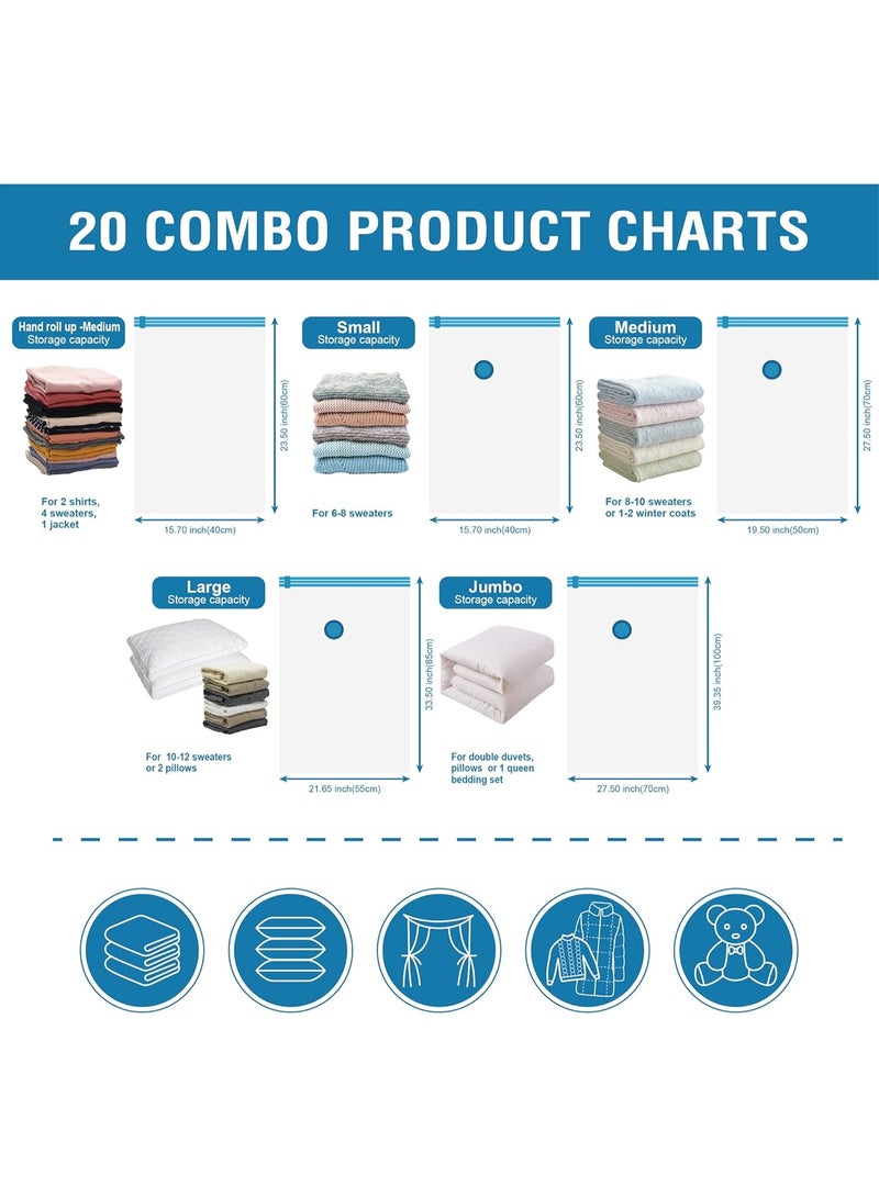 Cozy Essential 20 Pack Vacuum Storage Bags, Space Saver Bags (4 Jumbo/4 Large/4 Medium/4 Small/4 Roll) Compression for Comforters and Blankets, Sealer Clothes Storage, Hand Pump Included - Image 5