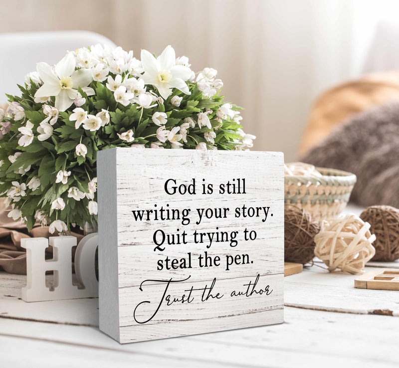 SRADMO God Is Still Writing Your Story, Prayer Room Decor, Christian Bible Verse Decor Wooden Box Sign For Home Office, Inspirational Signs Shelf Table Decorations - Image 3