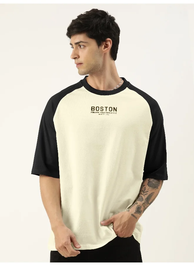 مانياك Maniac Men Printed Round Neck raglan 3/4th Sleeve Beige & Black Cotton Oversized Tshirt