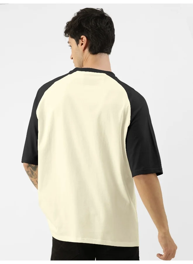 Maniac Maniac Men Printed Round Neck raglan 3/4th Sleeve Beige & Black Cotton Oversized Tshirt