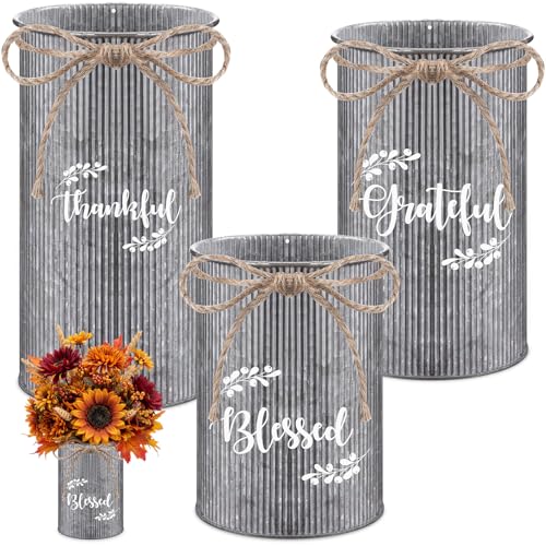 Domensi 3 Pcs Thanksgiving Table Centerpiece Fall Utensil Holder Vases Decor Galvanized Metal for Flowers Vintage Rustic Mason Jar for Thanksgiving Home Farmhouse Harvest Decoration 3 StylesIron - Image 1
