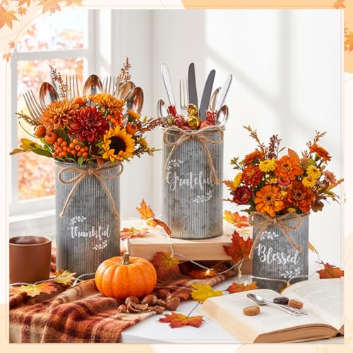 Domensi 3 Pcs Thanksgiving Table Centerpiece Fall Utensil Holder Vases Decor Galvanized Metal for Flowers Vintage Rustic Mason Jar for Thanksgiving Home Farmhouse Harvest Decoration 3 StylesIron - Image 3