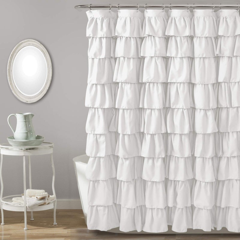 Lush Decor Ruffle Shower Curtain  Floral Textured Vintage Chic Farmhouse Style Design White 72 x 72