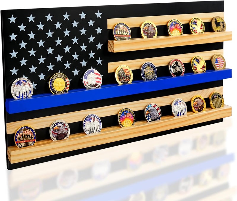 ASmileIndeep Solid Wood American Flag Challenge Coin Holder Wall Display Case, 3-Row Thin Blue Line Rack for 30 Military Coins, Ideal Shelf for Collectible Coins - Image 1