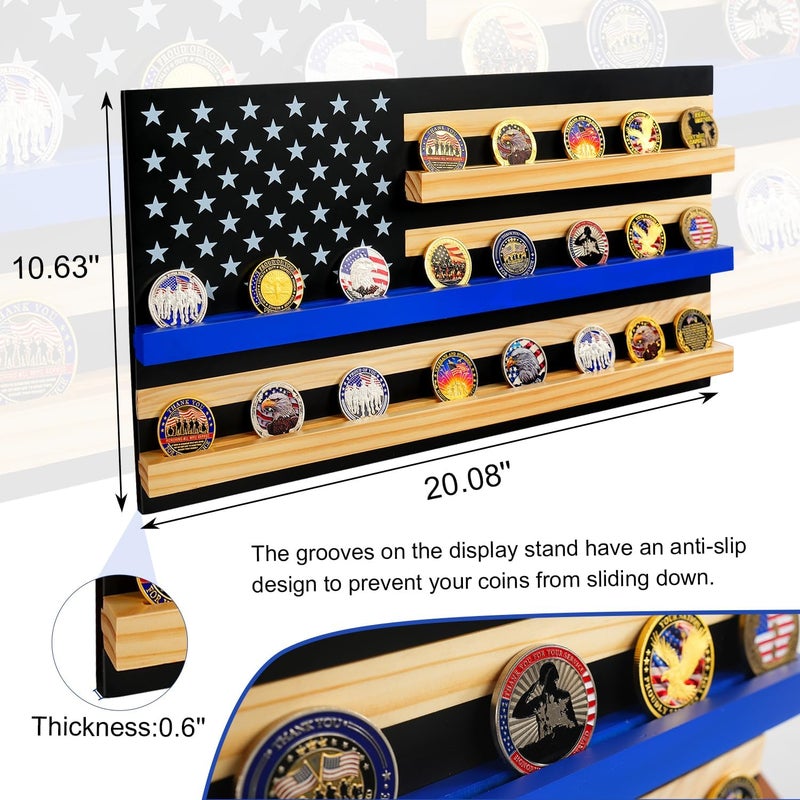 ASmileIndeep Solid Wood American Flag Challenge Coin Holder Wall Display Case, 3-Row Thin Blue Line Rack for 30 Military Coins, Ideal Shelf for Collectible Coins - Image 2