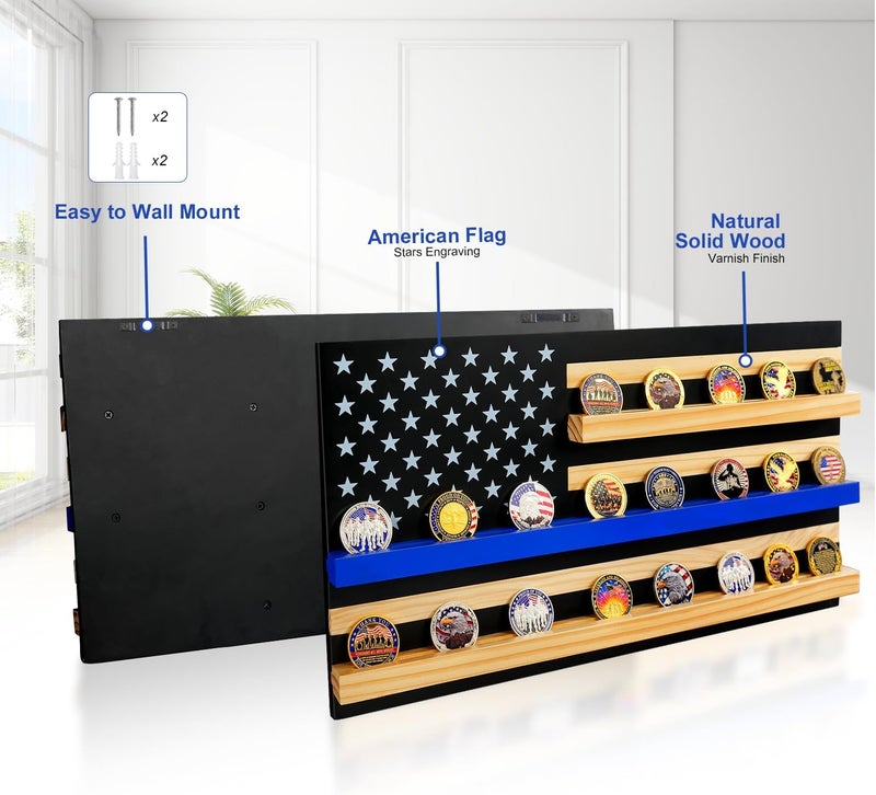 ASmileIndeep Solid Wood American Flag Challenge Coin Holder Wall Display Case, 3-Row Thin Blue Line Rack for 30 Military Coins, Ideal Shelf for Collectible Coins - Image 4