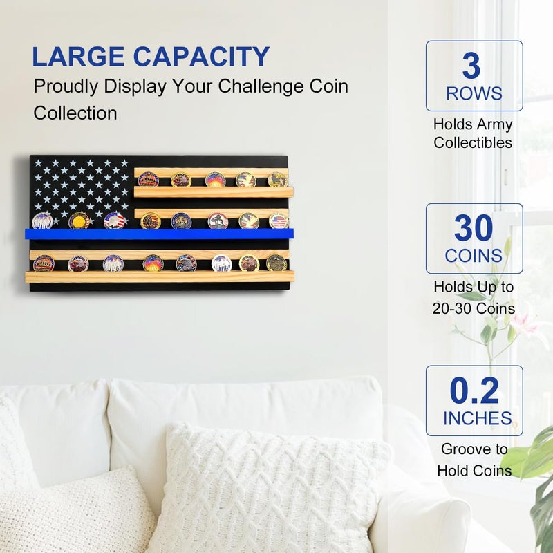 ASmileIndeep Solid Wood American Flag Challenge Coin Holder Wall Display Case, 3-Row Thin Blue Line Rack for 30 Military Coins, Ideal Shelf for Collectible Coins - Image 3