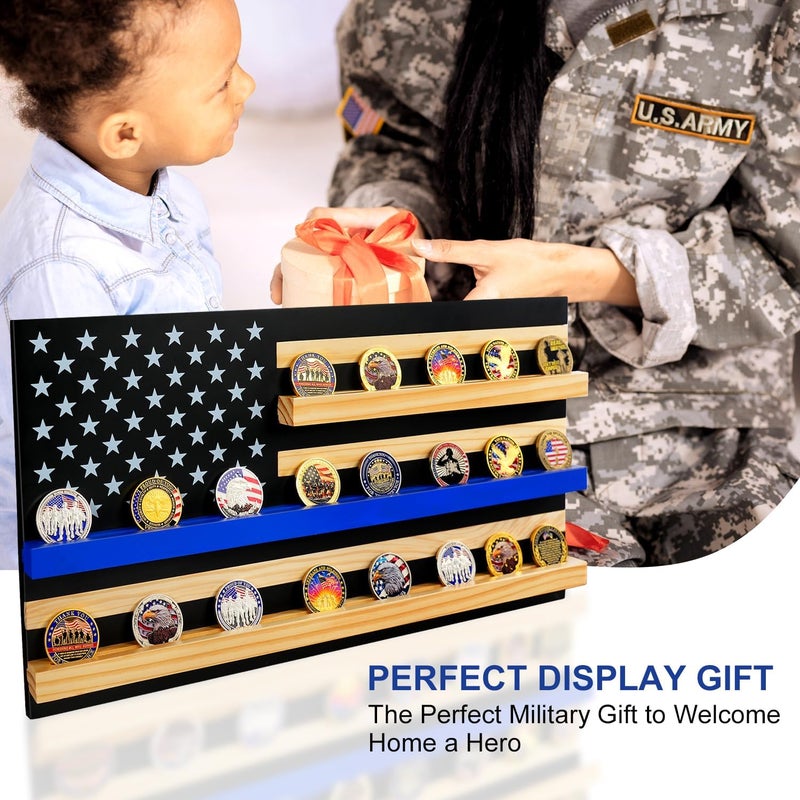 ASmileIndeep Solid Wood American Flag Challenge Coin Holder Wall Display Case, 3-Row Thin Blue Line Rack for 30 Military Coins, Ideal Shelf for Collectible Coins - Image 5