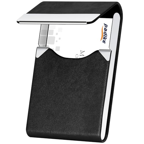 Padike Professional Business Card Holder PU Leather Business Card Case Name Card Holder Slim Metal Pocket Card Holder with Magnetic Shut (Y-Black) - Image 1