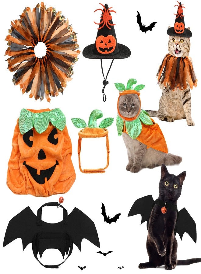 بوتشن طقم أزياء قطط من 5 قطع من بوتشن، يتضمن تنورة توتو، طوق، قبعة ساحرة، قبعة على شكل يقطينة، أجنحة خفاش، ملابس قطط صغيرة لطيفة، وإكسسوارات تنكرية للحيوانات الأليفة، مناسب للهالوين وعيد الشكر. - Image 1