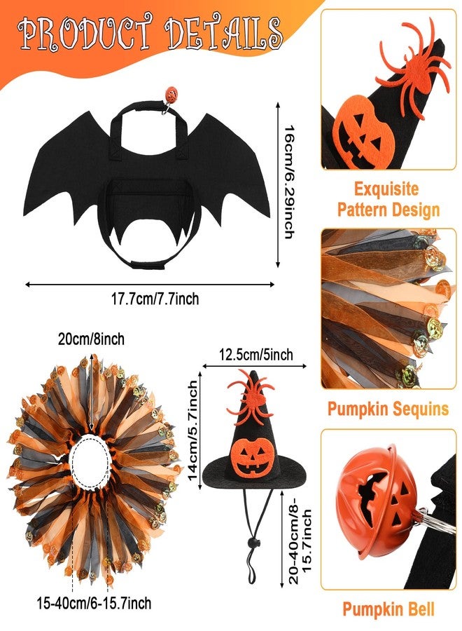 بوتشن طقم أزياء قطط من 5 قطع من بوتشن، يتضمن تنورة توتو، طوق، قبعة ساحرة، قبعة على شكل يقطينة، أجنحة خفاش، ملابس قطط صغيرة لطيفة، وإكسسوارات تنكرية للحيوانات الأليفة، مناسب للهالوين وعيد الشكر. - Image 2